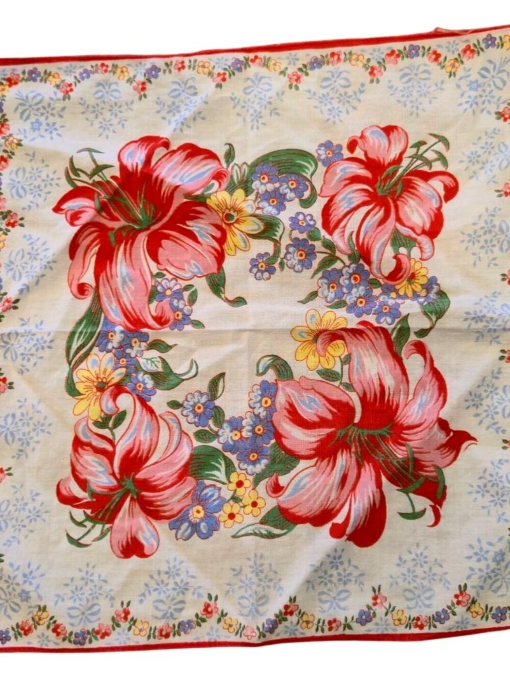 Vintage Floral Hankie Red Tiger Lily Forget Me Not Handkerchief Rare Collectible